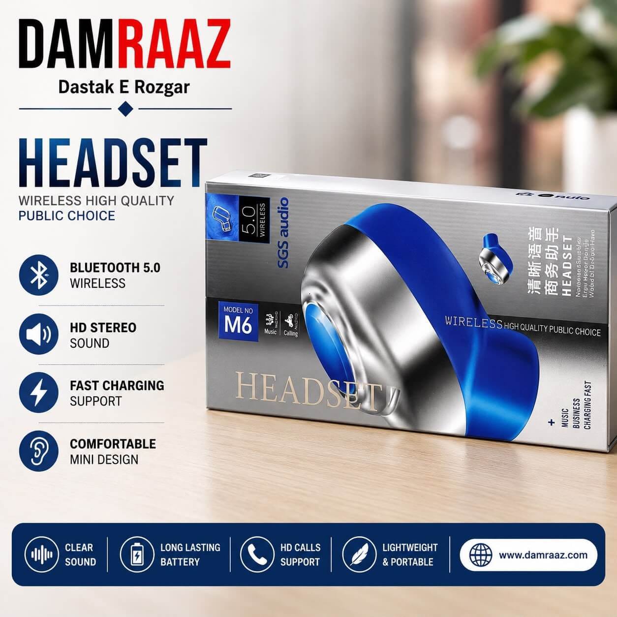 M6 Wireless Bluetooth Headset – Mini Stereo Earbud