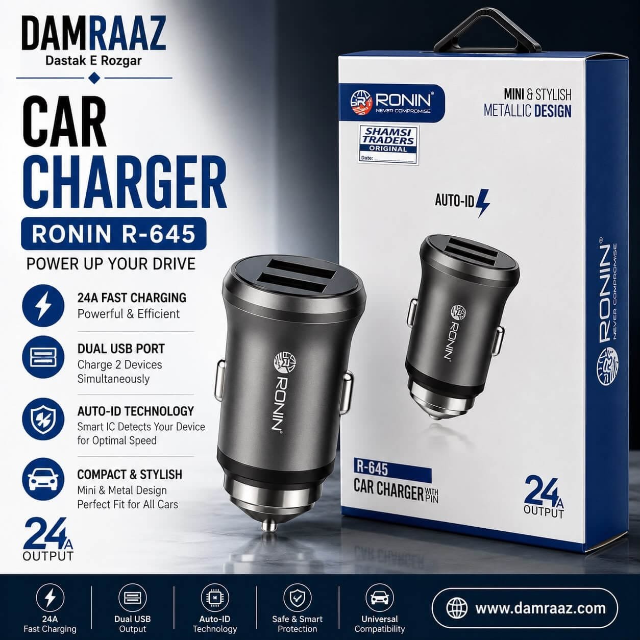 Ronin R-645 Dual USB Car Charger 24A